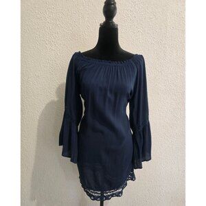 Flying Tomato navy Off-Shoulder Bell Sleeve Boho Tunic Top M Womens cottagecore